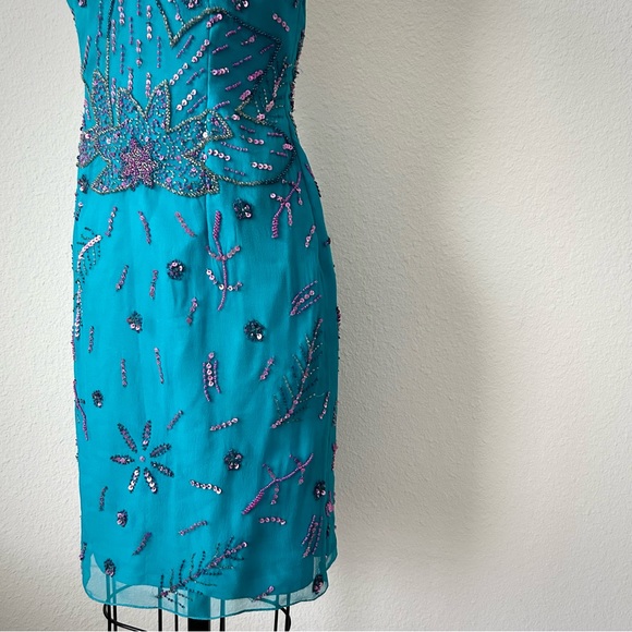 Y2K METRO SECTION 100% SILK HAND BEADED TEAL COCKTAIL DRESS - Picture 3 of 8
